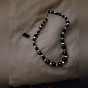 Elegant Black and Silver Beaded Necklace and Earring Set